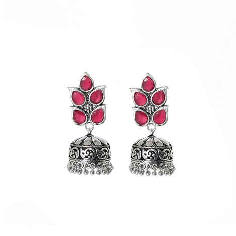 Buy Ferosh Adaira Floral Pink Silver Oxidized Jhumkis - Purplle