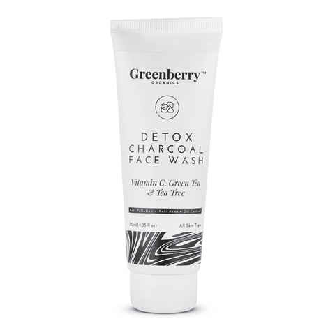 Greenberry Organics Detox Charcoal Face Wash, Vitamin C, Green Tea, Tea Tree, Controls Oil, Anti Acne, Anti Pollution, All Skin Type, Unisex, Natural & Organic (120 ml)