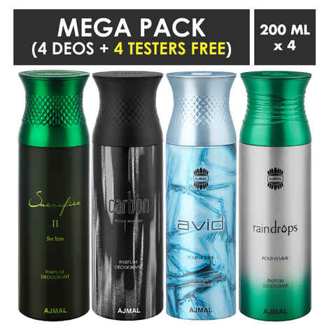 Buy Ajmal SacrificeIIHim & Carbon & Avid & Raindrops Deodorant Spray For Men 200ml each (Pack of 4, 800ml) + 4 Parfum Testers Free - Purplle