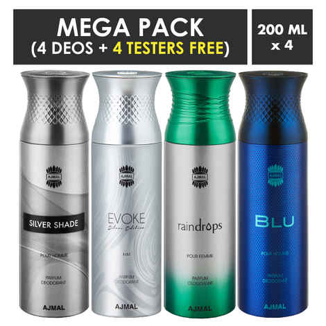 Buy Ajmal Silver Shade & EvokeSilver Edition Homme & Raindrops & Blu Deodorant Spray For Men 200ml each (Pack of 4, 800ml) + 4 Parfum Testers Free - Purplle