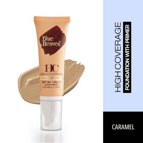 Buy Blue Heaven High Coverage Foundation With Primer & SPF 50 PA+++ - Caramel Mocha + Free Beauty Blender - Purplle