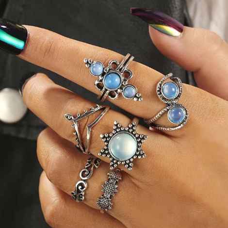 Buy Ferosh Minerva Silver Oxidized Crystal 6 Rings Set - Purplle
