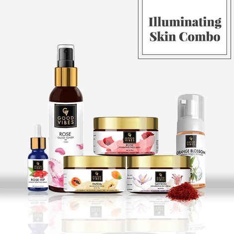 Buy Good Vibes Illuminating Skin Combo with Orange Blossom, Rose Glow, Saffron, Papaya, Rose and Rosehip - Face Wash, Scrub, Toner, Mask, Serum, Cream - Purplle