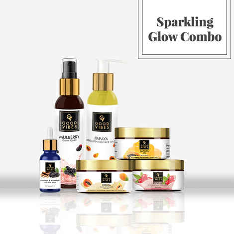 Buy Good Vibes Sparkling Glow Combo with Papaya, Mulberry, Rosehip, Vitamin C and Vitamin B3 - Face Wash, Scrub, Toner, Mask, Gel, Serum - Purplle