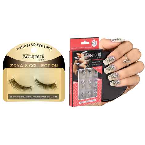 Bonjour Paris 3D Synthetic False Eye Lashes + False Nail Set with Glue - Combo Offer FEL05-ANB16