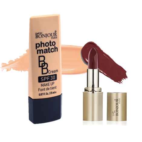 Buy Bonjour Paris Photo Match BB Cream (Rose Ivory) + Creme Lipstick (Dark Maroon) - Combo Offer _ BCB01-02-LSB02-41 - Purplle