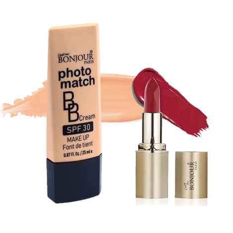 Buy Bonjour Paris Photo Match BB Cream (Rose Ivory) + Creme Lipstick (Intense Red) - Combo Offer _ BCB01-02-LSB02-25 - Purplle