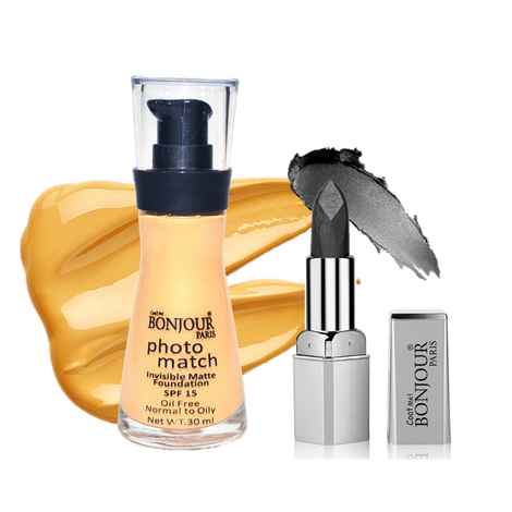 Bonjour Paris Photo Match Invisible Matte Liquid Foundation (Beige)+ Premium Creme Matte Lipstick (Metallic Ash Black) - Combo Offer _ FPB04-03-LSB14-32