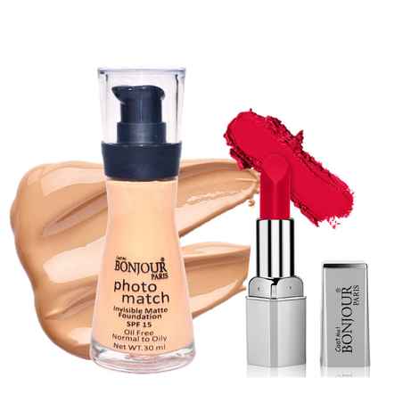 Bonjour Paris Photo Match Invisible Matte Liquid Foundation (Rose Ivory) + Premium Creme Matte Lipstick (Pink Rose) - Combo Offer _ FPB04-02-LSB14-15