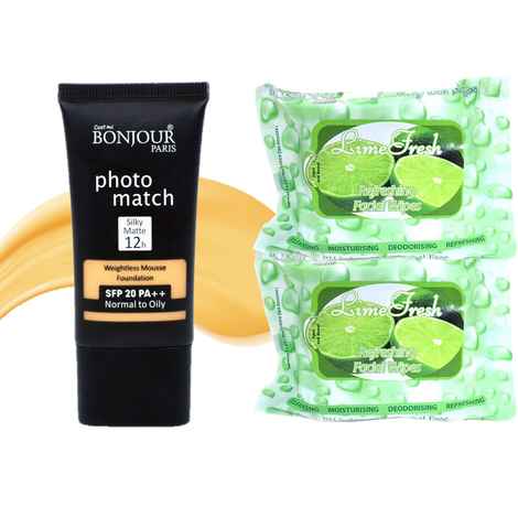 Bonjour Paris Photo Match Mousse Foundation (Deep Ochre) + Wet Facial Wipes (Lime Fresh Flavor)- Pack of 2 FTB02-04-WPB02-LM-2PC