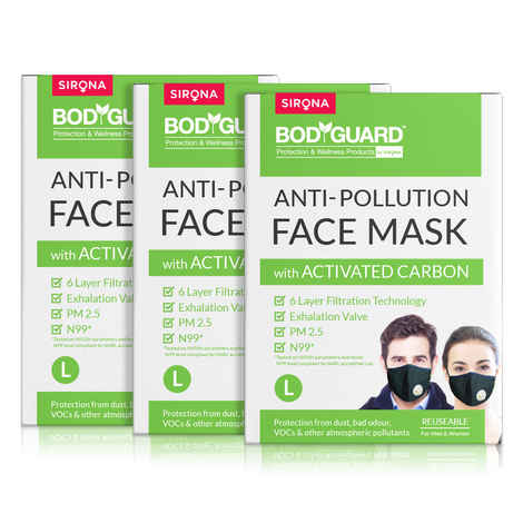 BodyGuard Reusable Anti Pollution Face Mask with Activated Carbon, N99 + PM2.5 for Men and Women - (Large) Pack of 3