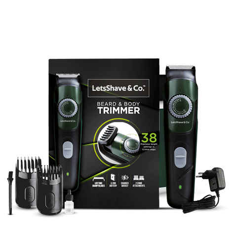 Buy LetsShave & Co. Beard & Body Trimmer with Lithium-ion Battery, Cordless, Stainless Steel Blade, 38 length settings, Fast charging, 140 min run time - Purplle