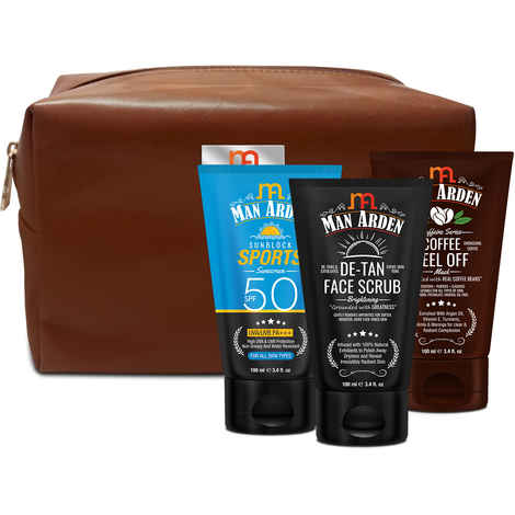 Buy Man Arden Combo With De Tan Face Scrub + Sunblock Sports Sunscreen + Coffee Peel Off Mask (100ml Each) With Pouch - Purplle