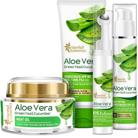 Buy Oriental Botanics Daily Essentials Kit | Night Gel 50g + Sunscreen 100ml + Under Eye Roll On 15ml + Mattifying Moisturizer 50ml - Purplle