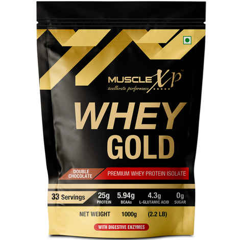 Buy MuscleXP Whey Gold Protein - Premium Whey Protein Isolate with Digestive Enzymes, Double Chocolate, 1kg (Pouch) - Raw Material From USA - Purplle