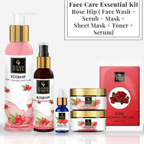 Buy Good Vibes Face Care Essential Kit - Rose Hip ( Face Wash + Scrub + Mask + Sheet Mask + Toner + Serum) - Purplle