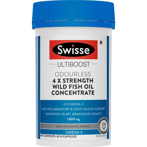 Buy Swisse Ultiboost Odourless 4X Strength Wild Fish Oil Supplement with (1800MG) Concentrated Omega 3 for Joint, Heart, Brain & Eye Health - 60 Tablets - Purplle