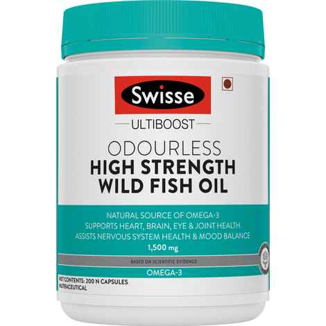 Buy Swisse Ultiboost Odourless High Strength Wild Fish Oil with (1500 mg) Omega 3 fatty acids for Heart, Brain, Joints and Eyes – 200 Tablets - Purplle