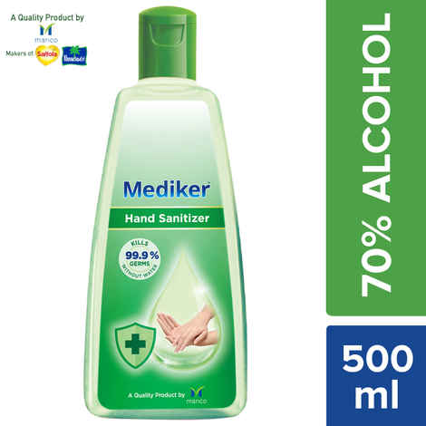 Buy Mediker Hand Sanitizer,70 % Alcohol Based Sanitizer,Instantly Kills 99.9% Germs Without Water,Use Anytime, Anywhere (500 ml) - Purplle