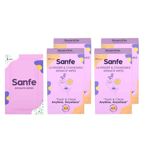 Sanfe Natural Intimate Wipes, 3 in 1 - No Odour, No Itching, No Irritation - Lavender & Chamomile(Pack of 10) - Pack of 4 # SIW004