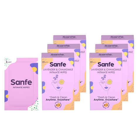 Buy Sanfe Natural Intimate Wipes, 3 in 1 - No Odour, No Itching, No Irritation - Lavender & Chamomile(Pack of 10) - Pack of 6 # SIW005 - Purplle