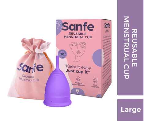 Buy Sanfe Reusable Silicone Menstrual Cup for Women Large Size with Pouch No Leakage & Odor Protection | Rash Free | For Up to 8-10 Hours Protection | Made From Best Silicone Period Cup for Women | FDA Approved (Multicolor) - Purplle