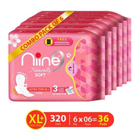 Buy Niine Naturally Soft Ultra Thin XL+, Sanitary Napkins with Free Biodegradable Disposal Bags Inside (Pack of 6), 36 Pads Count - Purplle