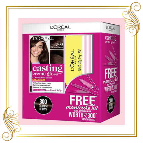 Buy L'Oreal Paris Casting Creme Gloss Hair Colour 300 Darkest Brown With Manicure Kit Free - Purplle