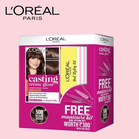 Buy L'Oreal Paris Casting Creme Gloss Hair Colour 500 Medium Brown With Manicure Kit Free - Purplle