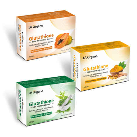 Reviews of LA Organo Glutathione Skin Whitening SoapGlutathione Papaya Soap  + Glutathione Haldi Chandan Face Whitening Soap + Glutathione Neem Tulsi  Soap for Skin Lightening, Brightening,100g each (Pack of 3) products| Best