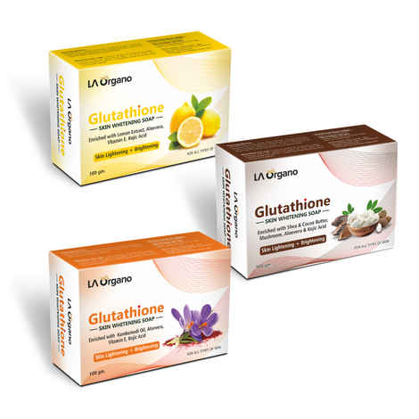 Reviews of LA Organo Skin Whitening Soaps  Glutathione Lemon Skin Whitening  Soaps for Dark Skin + Glutathione Shea Cocoa Butter Soap for Face Whitening  + Glutathione Kumkumadi Skin Lightening, Brightening,100g each (