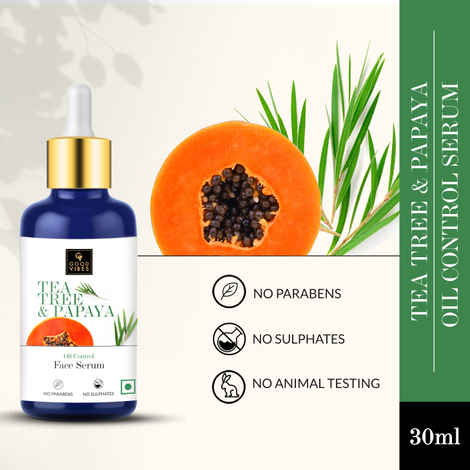 Buy Good Vibes Tea Tree & Papaya Oil Control Serum | Even Skin Tone Brightening | With Castor Oil | No Parabens No Sulphates No Mineral Oil (30 ml) - Purplle