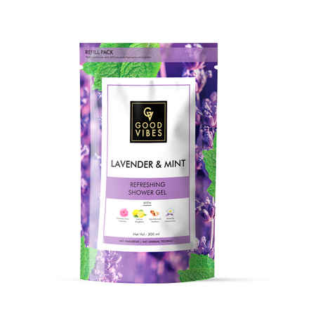 Buy Good Vibes Refreshing Shower Gel With Damask Rose Hydrates , Lemon Brightens , Sandalwood Soothes , Waterlily Moisturizes - Lavender & Mint (200 ml) - refill pack - Purplle