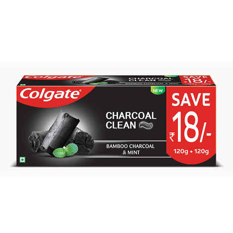Colgate Charcoal Clean Toothpaste, Black Gel Paste, Bamboo Charcoal and Wintergreen Mint for Clean Mouth, 240g, 120g X 2