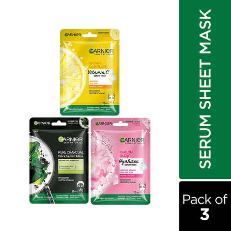 Buy Garnier Skin Naturals Face Serum Sheet Mask (1 Vitamin C Serum + 1 Charcoal + 1 Sakura) (Pack Of 3) - Purplle