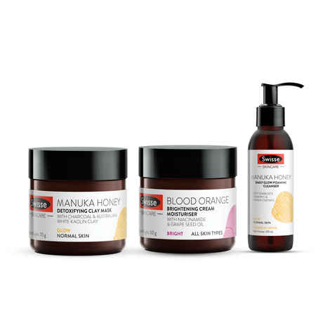 Buy Swisse Daily Essential Combo-Manuka Honey Detoxifying Clay Mask (70 g),Blood Orange Brightening Cream Moisturiser (50 ml) & Manuka Honey Daily Glow Foaming Cleanser (120 ml) - Purplle
