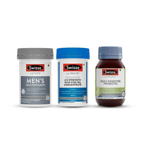 Buy Swisse Men's Health Combo-Mens Multivitamins 60 Tablets,Daily Digestive Probiotic 30 Capsules & 4 X Strength Odrls Wild Fish Oil 60 Capsules - Purplle