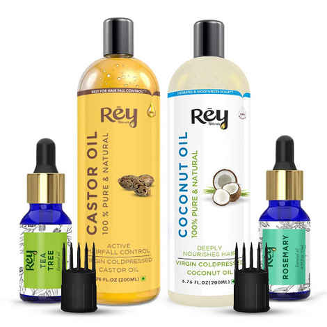 Buy Rey Naturals® Hair Oils Combo/Hair Care Kit (Castor Oil + Coconut Oil + Tea Tree Oil + Rosemary Oil) Controls Hairfall - For Healthy Hair - No Mineral Oil, Silicones & Synthetic Fragrance - Purplle