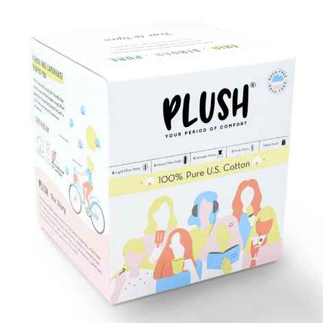 Plush 100% Pure US Cotton 14 Ultra-Thin Natural Pads - 8 Light Flow, 6 Heavy Flow, 5 Intimate Wipes, 2 Liners and 1 Cotton Pouch