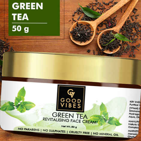 Good Vibes Green Tea Revitalising Face Cream | Moisturizing, Hydrating | No Parabens, No Sulphates, No Mineral Oil, No Animal Testing (50 g)