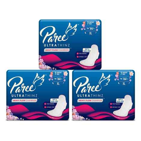 Buy Paree Ultra Thinz Soft & Rash Free Sanitary Pads For Heavy Flow 7 Pads- XL (Tri-Fold) - (Combo of 3) - Purplle