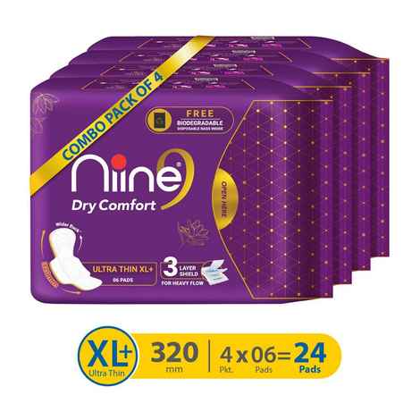 Buy Niine Dry Comfort Ultra Thin XL+ Sanitary Napkins for women, With Biodegradable disposable bags inside (Pack of 4), 24 Pads Count - Purplle
