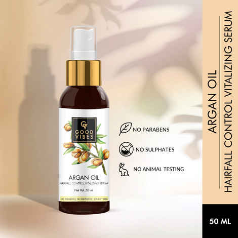Buy Good Vibes Argan Oil Hairfall Control Vitalizing Serum | Frizz Control, Shine, Stregthening | No Parabens, No Sulphates, No Animal Testing (50 ml) - Purplle