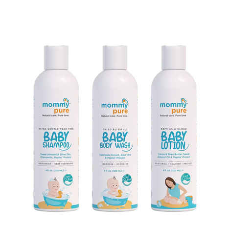 Buy MommyPure Combo of Soft As A Cloud Baby Lotion, Extra Gentle Tear-Free Shampoo and Oh So Blissful! Baby Body Wash Natural, Tear-free & Gentle Cleanser| Dermatologically Tested (120 ml) Pack of 3 - Purplle