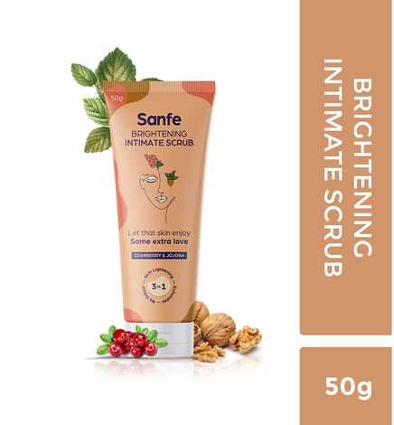 Sanfe Brightening Intimate Scrub for Women | for Smooth, Even Tone & Polished Skin with Cranberry and Jojoba Beads- 50g (Multicolor)