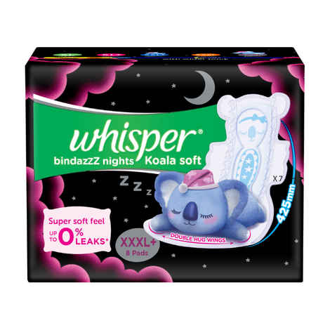 Buy Whisper Bindazzz Nights Koala Soft Sanitary Pads - XXXL Plus (8 Pads) - Purplle