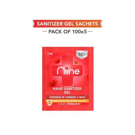 Buy Niine Gel based Hand Sanitizer Sachet with Goodness of Neem and Turmeric, 70% Alcohol , 1 ml Sachet (Pack of 500) - Purplle