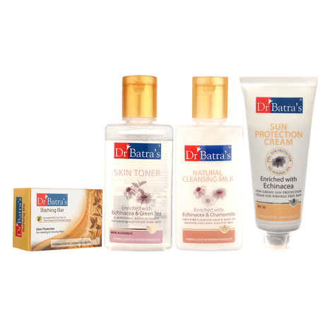Buy Dr Batra`s Skin Toner 100ml, Natural Cleansing Milk 100 ml, Sun Protection Cream 100 ml and Skin Protection Bathing Bar 125G (Pack of 4 Men and Women) - Purplle