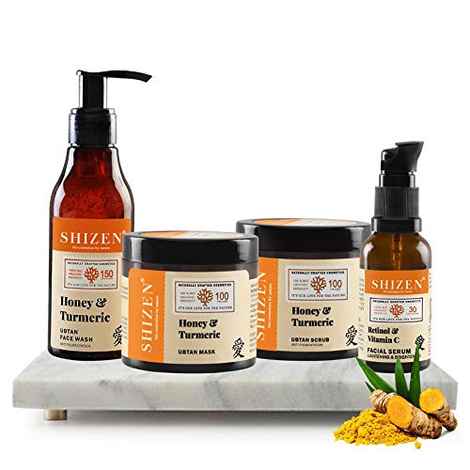 Buy SHIZEN Pack of 4 Combo: Honey & Turmeric Ubtan Face wash (150 ml) + Honey & Turmeric Ubtan Face Mask (100 gm) + Honey & Turmeric Ubtan Face Scrub(100 gm) + Retinol & Vitamin C Facial Serum (30 ml) - Purplle