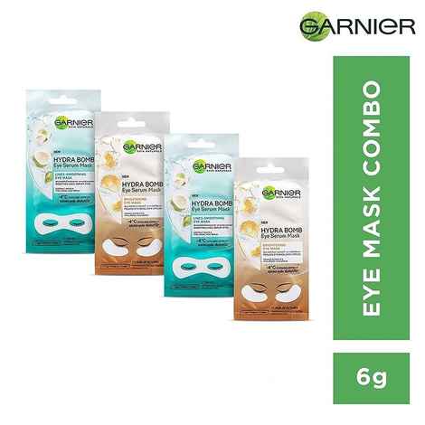 Buy Garnier Eye Serum Masks Combo - Pack of 4 - 2 Hydra Bomb Orange Eye Masks + 2 Hydra Bomb Coconut Water Cooling Eye Serum Mask (Blue) - Purplle